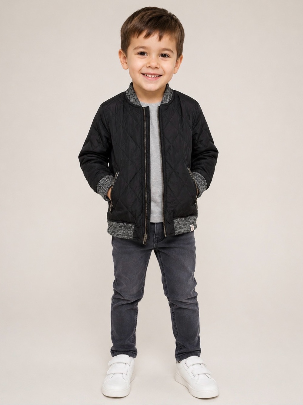 Sovereign Code Boys' Black Quilted Bomber Jacket with Knit Trim